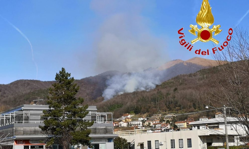 Tavernerio, boschi in fiamme, vigili del fuoco al lavoro